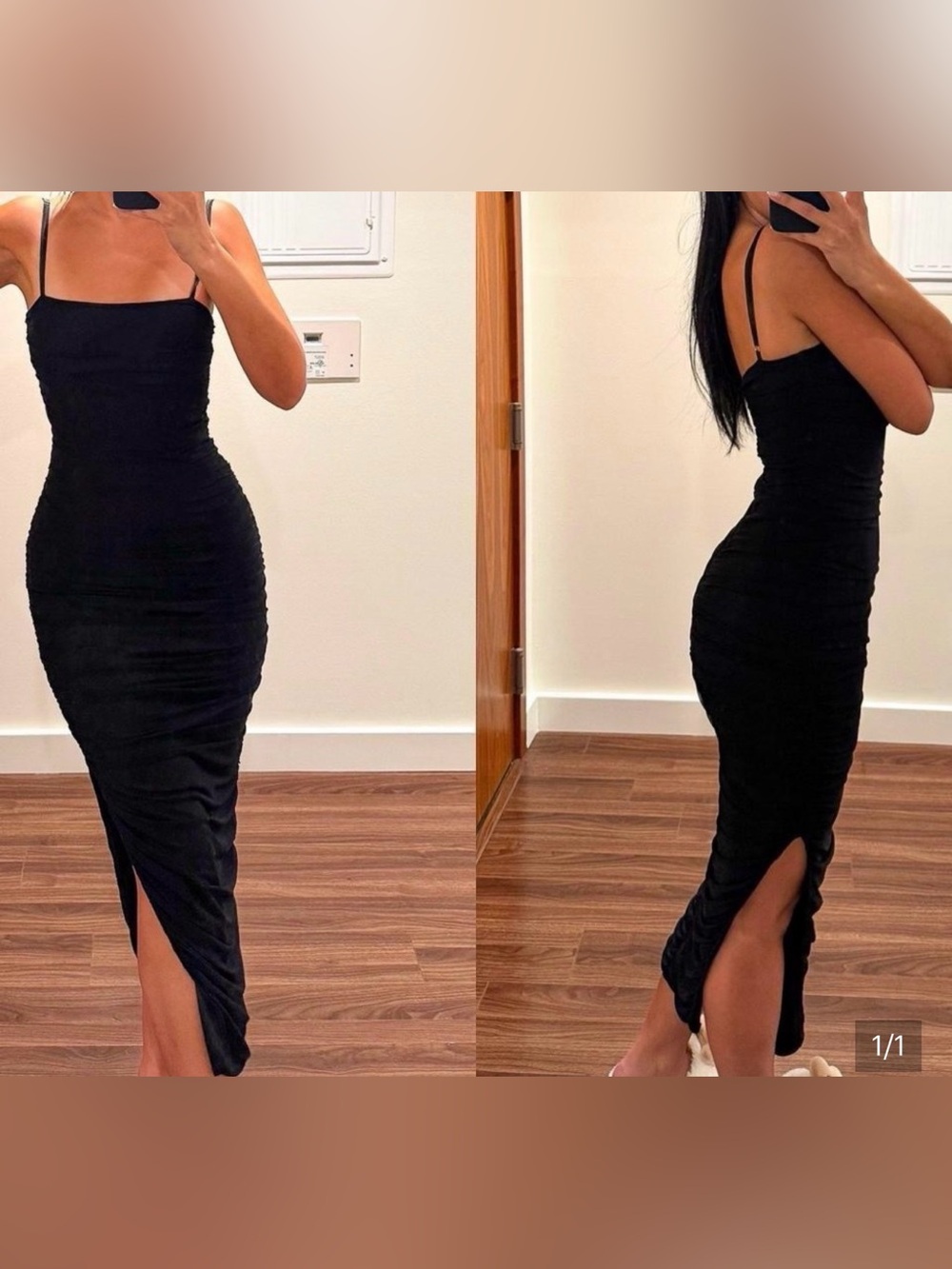 Slim Black Midi Dress with Side Slit and Thin Straps
